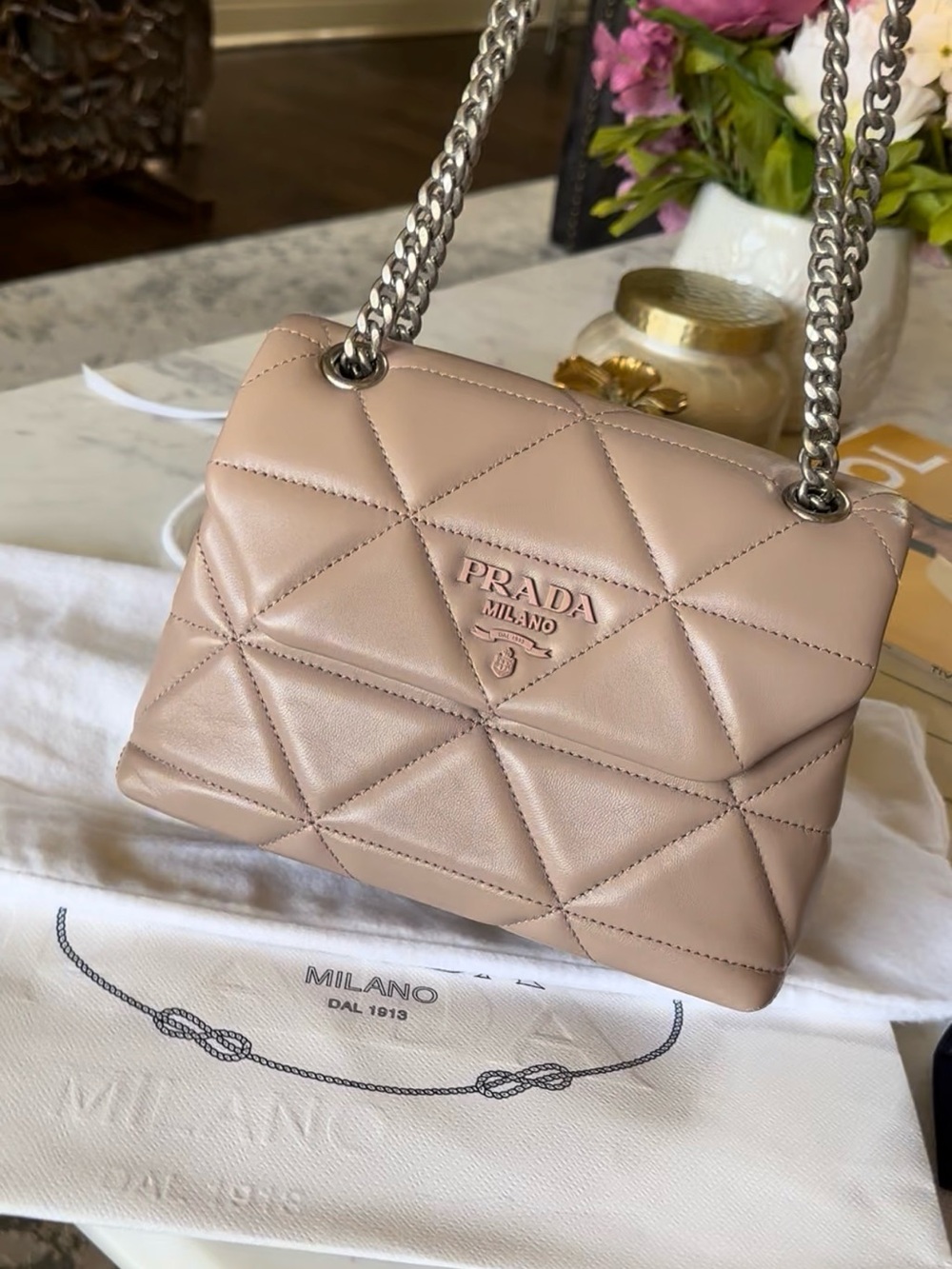 NEW PRADA 
Nappa Triangle Quilted Stitch Spectrum
Bag Cipria